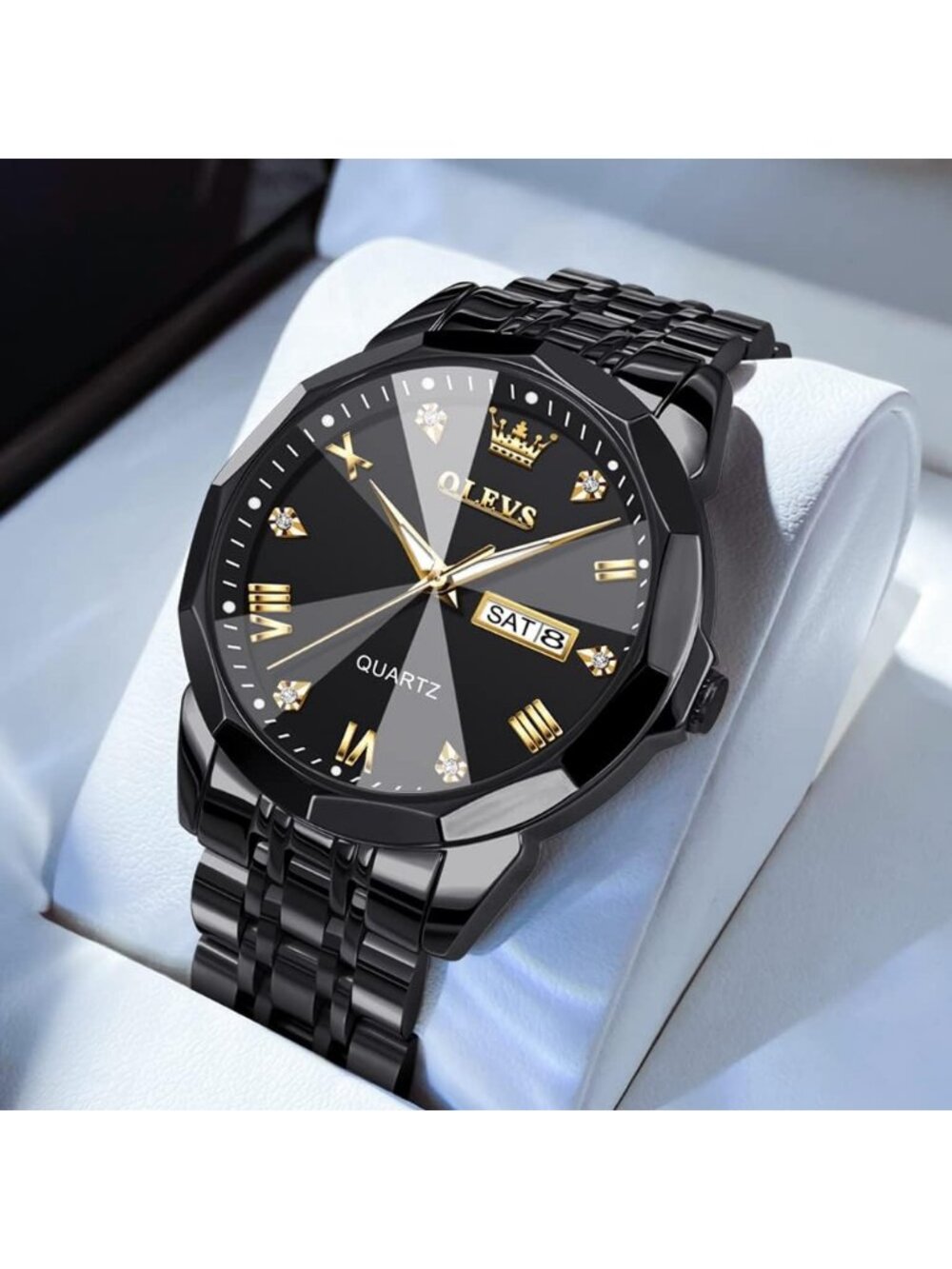 Men's All Black Diamond Stainless Steel Analog Quartz Classic Waterproof Watch - Picture 4 of 6